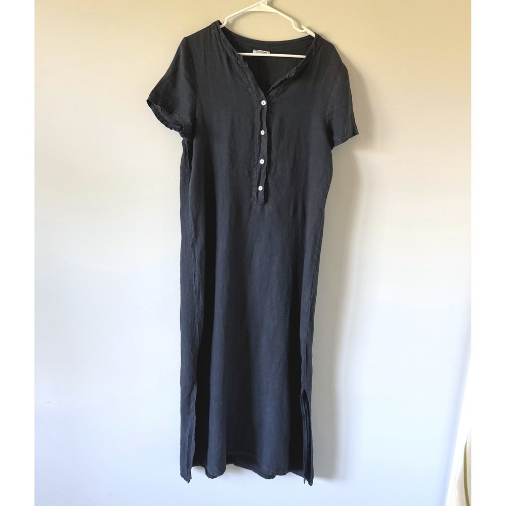 Puro Lino Italy 100% Linen Maxi Dress Dusty Navy Blue Button Coastal‎ Luxury L